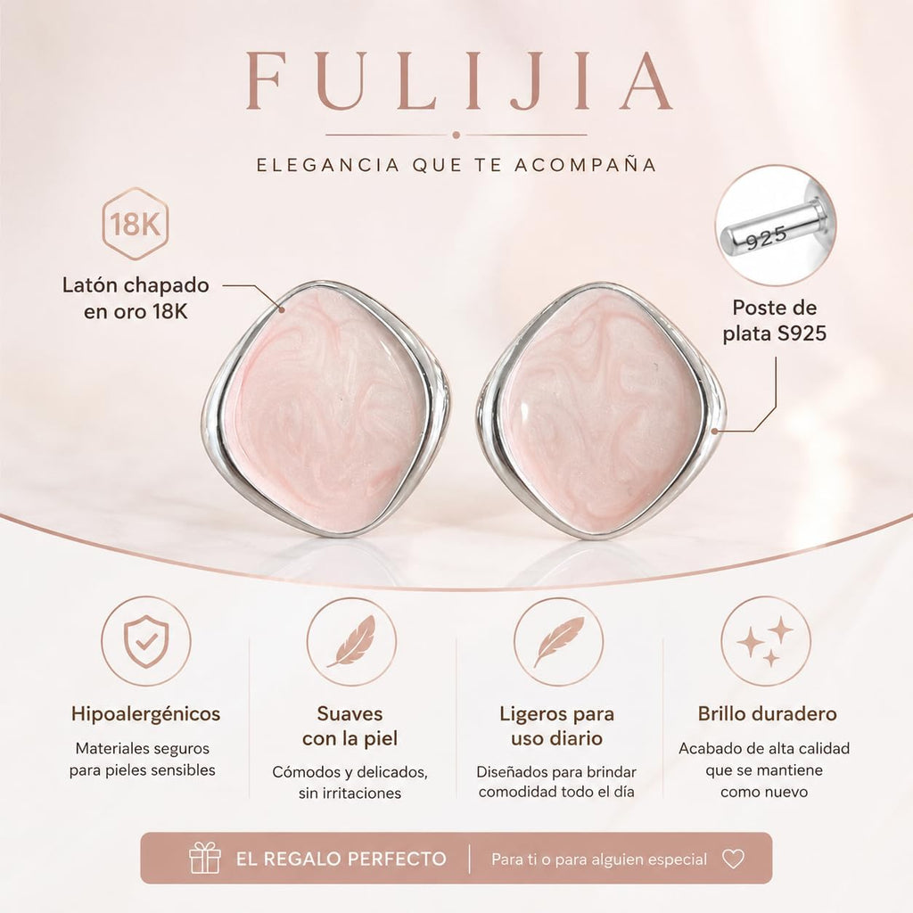 Pendientes Mujer de Latón Chapado en Oro 18K con Poste de Plata S925, Pendientes Hipoalergénicos Ligeros, Diseño Marmoleado Rosa, Pendientes Elegantes para Diario, Fiesta y Regalo