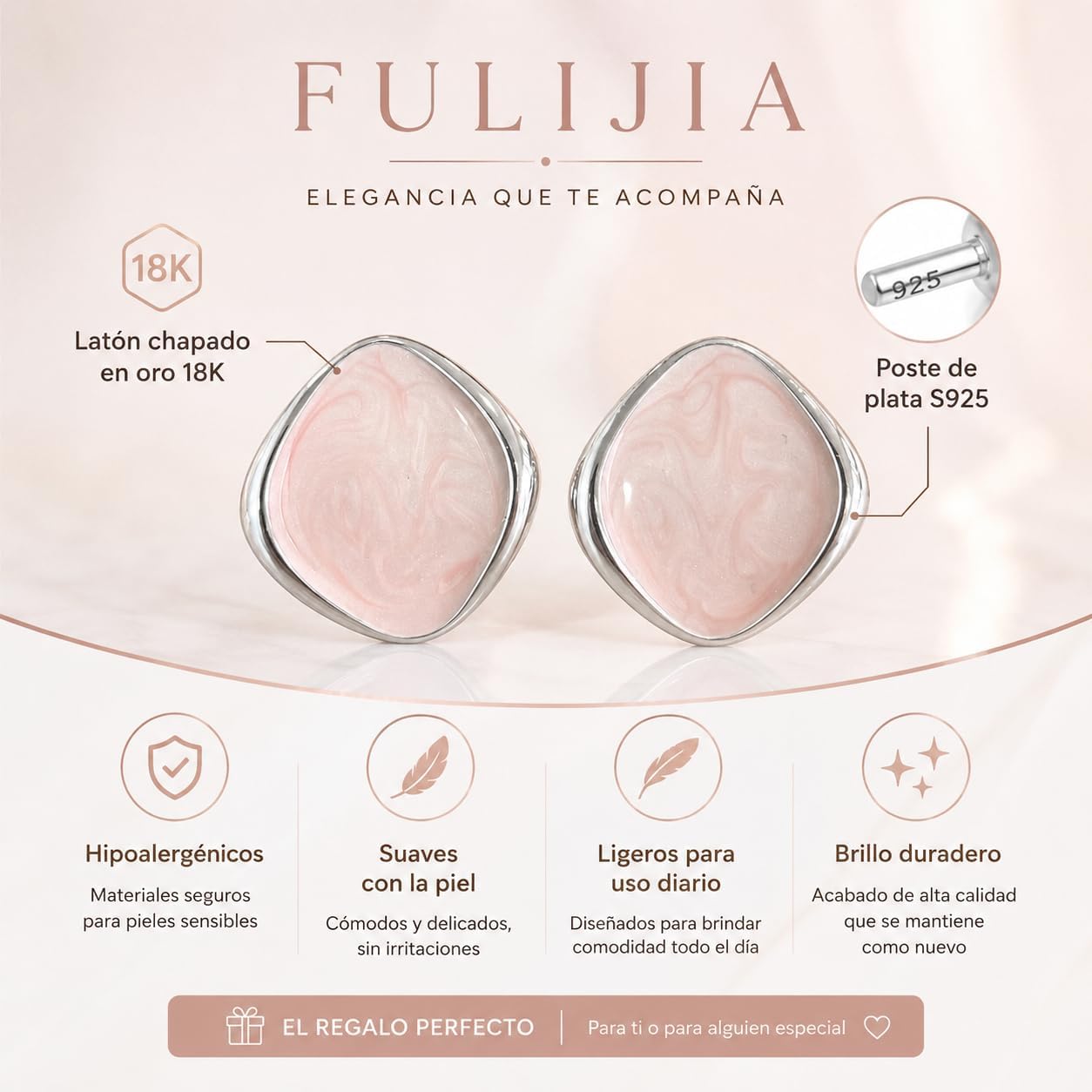 Pendientes Mujer de Latón Chapado en Oro 18K con Poste de Plata S925, Pendientes Hipoalergénicos Ligeros, Diseño Marmoleado Rosa, Pendientes Elegantes para Diario, Fiesta y Regalo