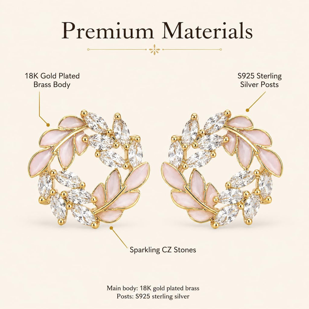 Pendientes de Botón para Mujer con Diseño de Corona de Hojas, Latón Chapado en Oro de 18K, Hipoalergénicos, Pendientes Florales con Circonitas Brillantes, Ideal para Regalo