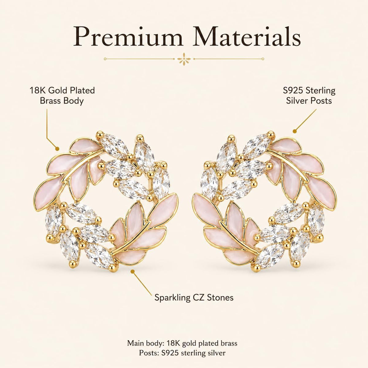 Pendientes de Botón para Mujer con Diseño de Corona de Hojas, Latón Chapado en Oro de 18K, Hipoalergénicos, Pendientes Florales con Circonitas Brillantes, Ideal para Regalo