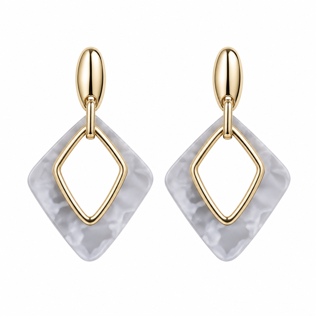 Pendientes de Mujer Geométricos Dorados 18K | Diseño Largo con Rombo Marmoleado Azul, Aguja Plata S925 Hipoalergénica, Latón Chapado en Oro