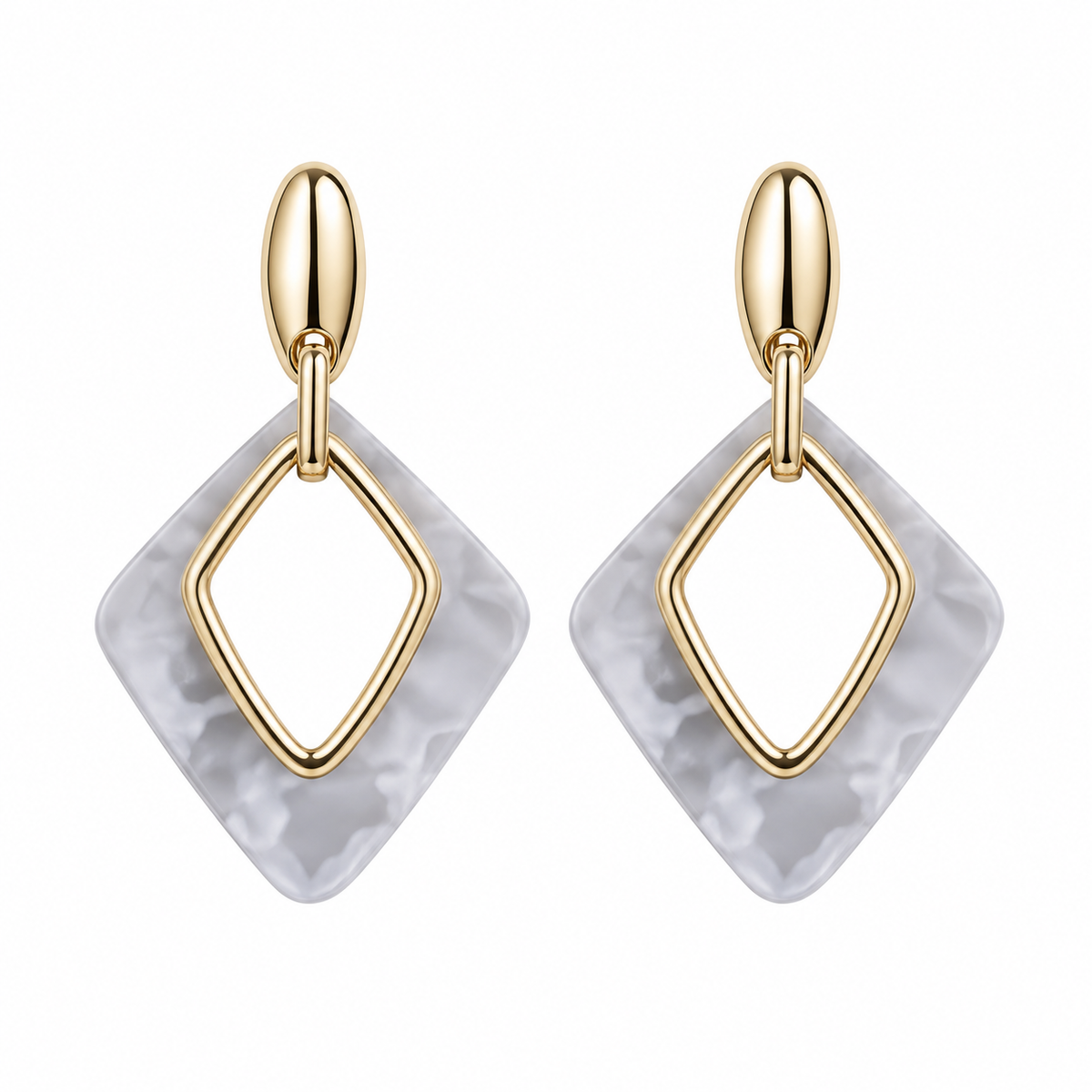 Pendientes de Mujer Geométricos Dorados 18K | Diseño Largo con Rombo Marmoleado Azul, Aguja Plata S925 Hipoalergénica, Latón Chapado en Oro