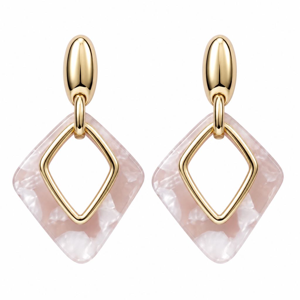 Pendientes de Mujer Geométricos Dorados 18K | Diseño Largo con Rombo Marmoleado Rosa, Aguja Plata S925 Hipoalergénica, Latón Chapado en Oro