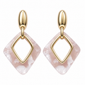 Pendientes de Mujer Geométricos Dorados 18K | Diseño Largo con Rombo Marmoleado Rosa, Aguja Plata S925 Hipoalergénica, Latón Chapado en Oro