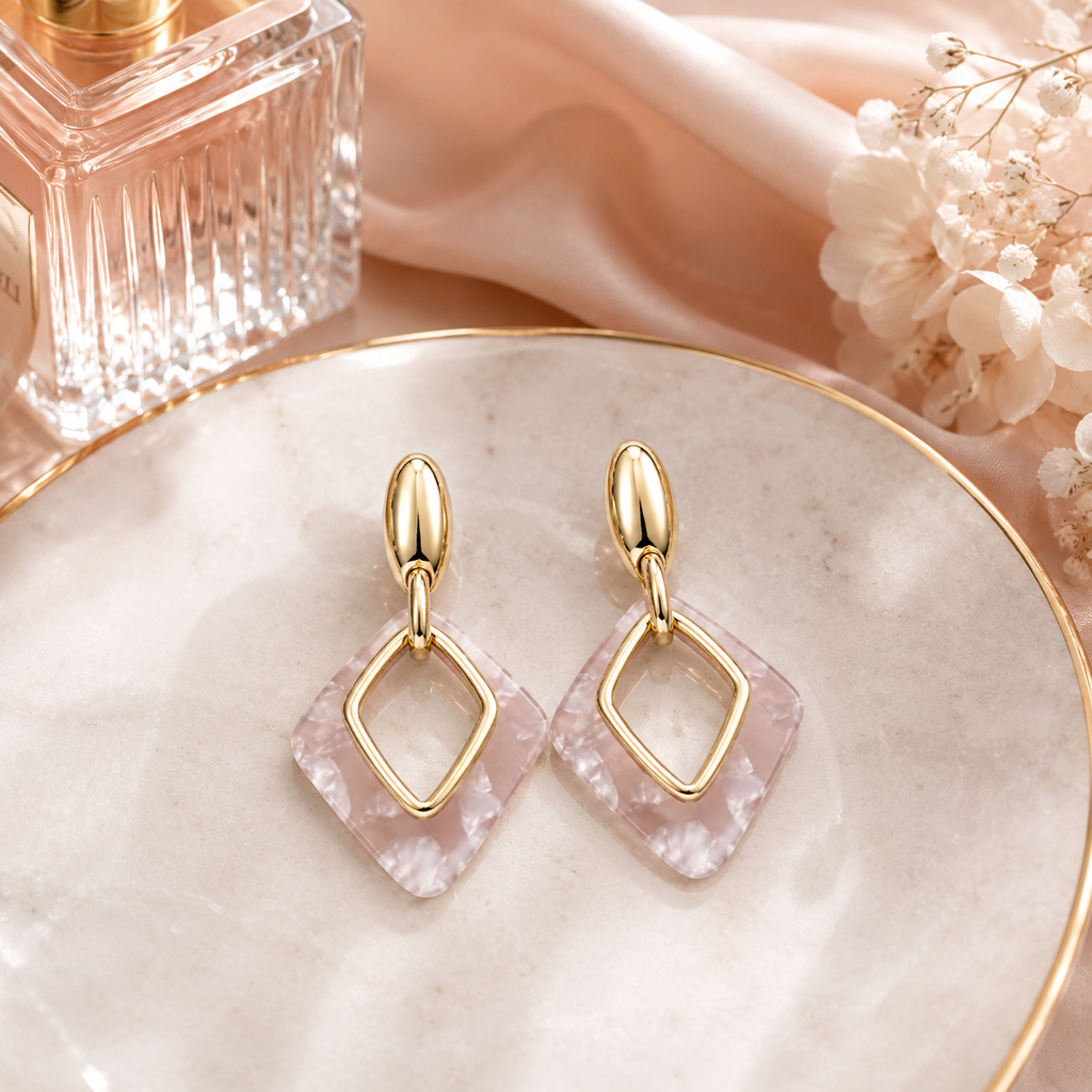Pendientes de Mujer Geométricos Dorados 18K | Diseño Largo con Rombo Marmoleado Rosa, Aguja Plata S925 Hipoalergénica, Latón Chapado en Oro