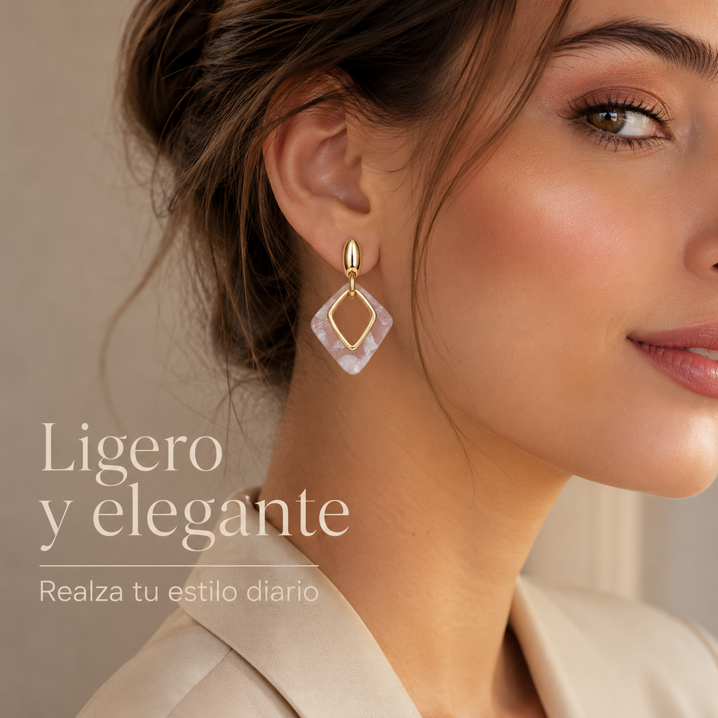 Pendientes de Mujer Geométricos Dorados 18K | Diseño Largo con Rombo Marmoleado Rosa, Aguja Plata S925 Hipoalergénica, Latón Chapado en Oro