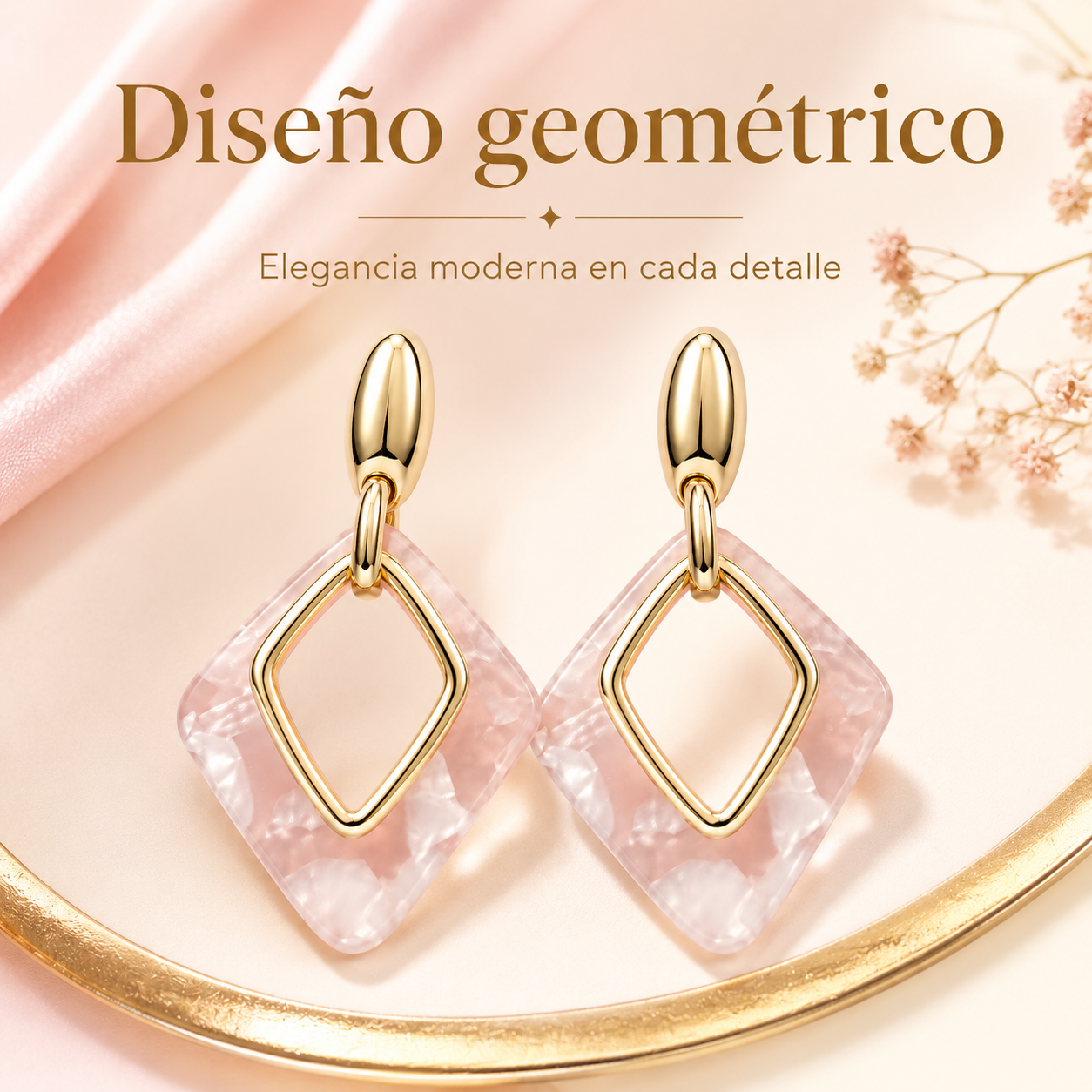 Pendientes de Mujer Geométricos Dorados 18K | Diseño Largo con Rombo Marmoleado Rosa, Aguja Plata S925 Hipoalergénica, Latón Chapado en Oro