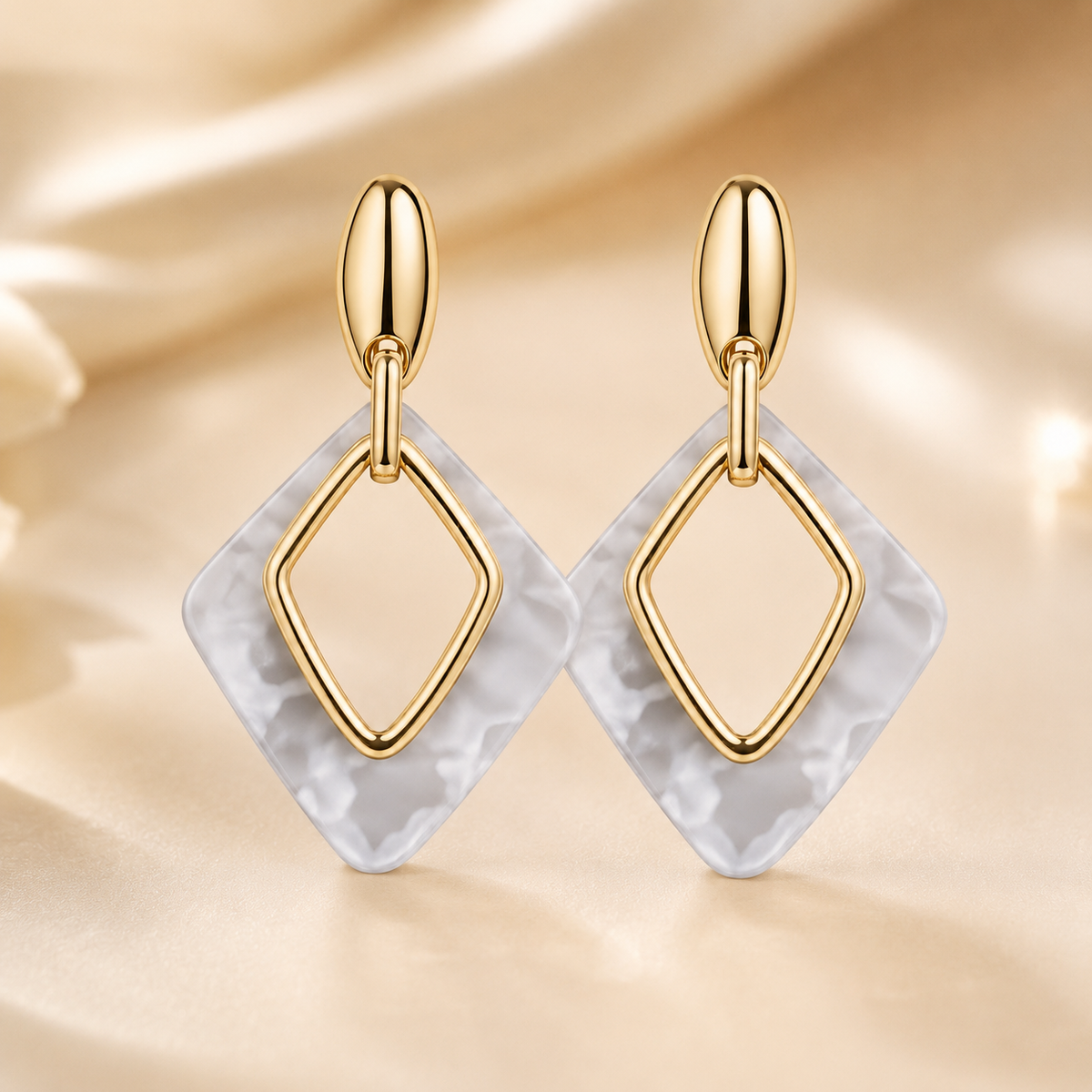 Pendientes de Mujer Geométricos Dorados 18K | Diseño Largo con Rombo Marmoleado Azul, Aguja Plata S925 Hipoalergénica, Latón Chapado en Oro