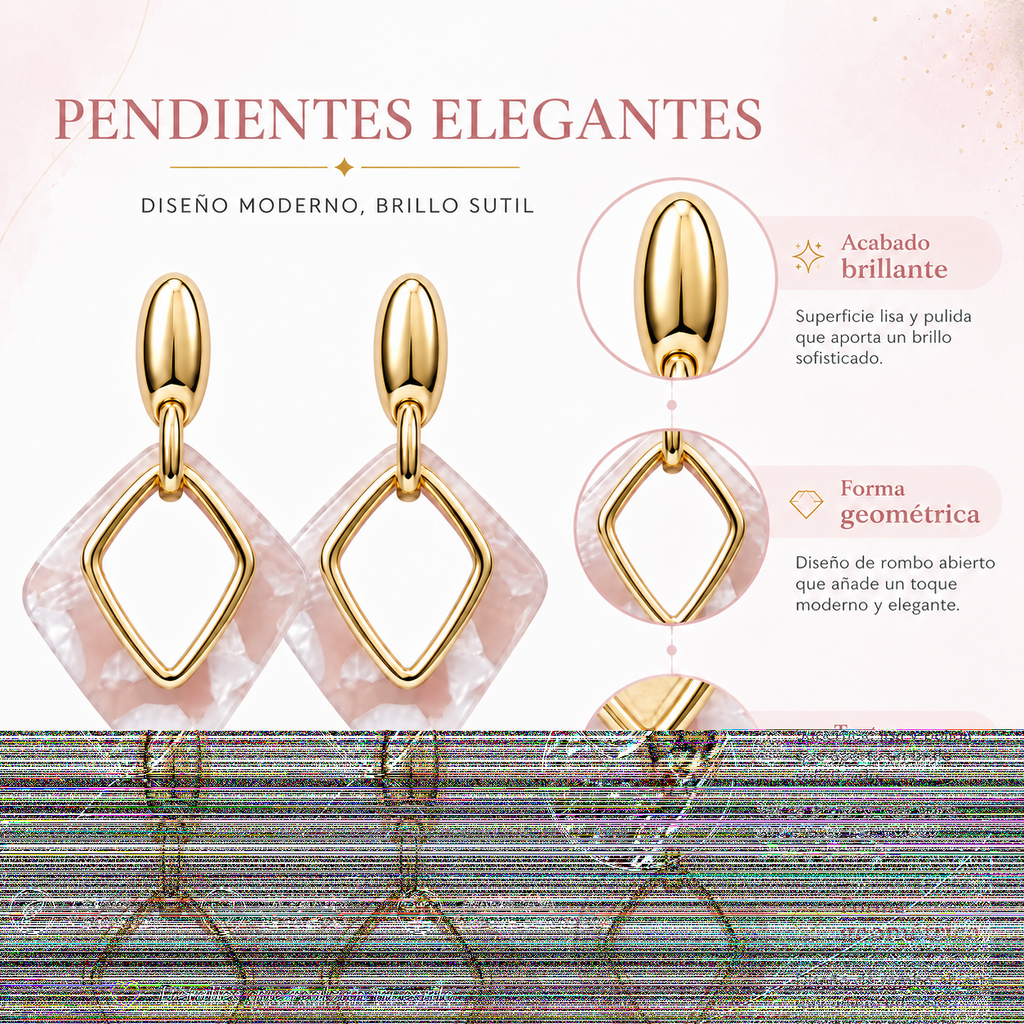 Pendientes de Mujer Geométricos Dorados 18K | Diseño Largo con Rombo Marmoleado Rosa, Aguja Plata S925 Hipoalergénica, Latón Chapado en Oro