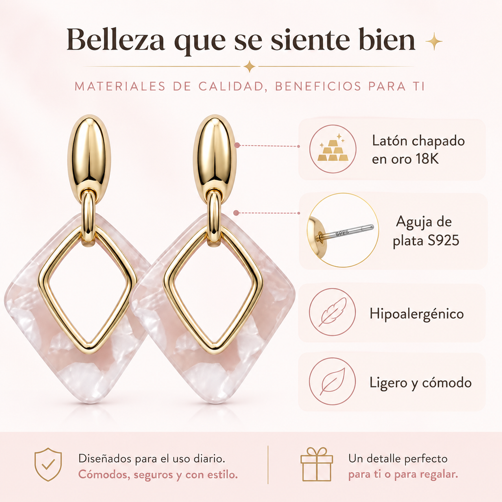 Pendientes de Mujer Geométricos Dorados 18K | Diseño Largo con Rombo Marmoleado Rosa, Aguja Plata S925 Hipoalergénica, Latón Chapado en Oro