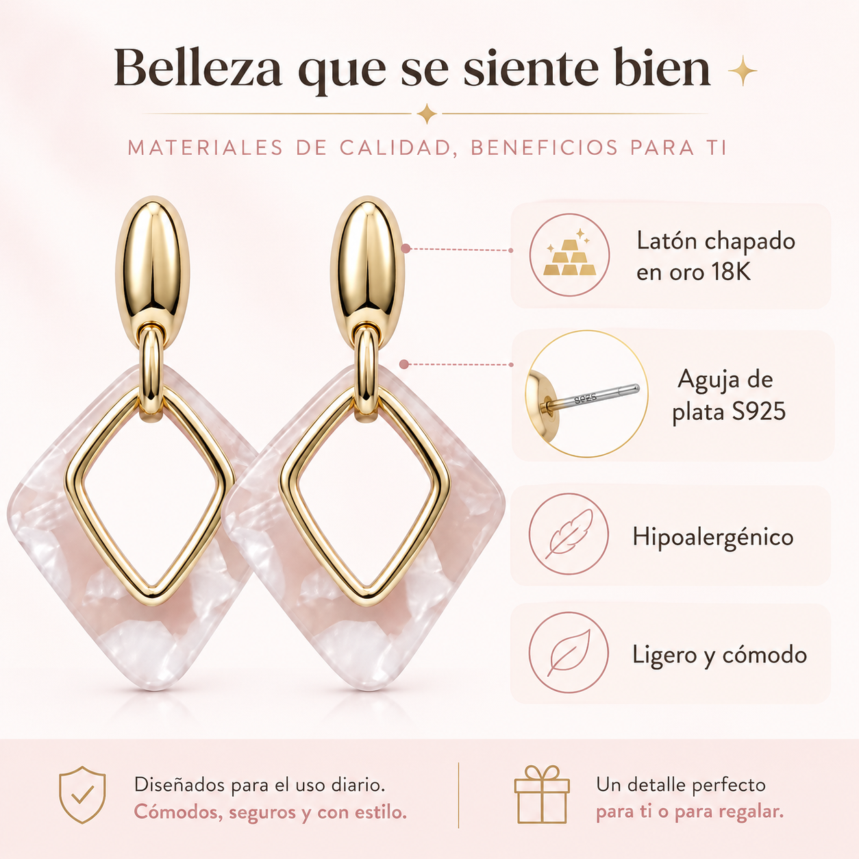 Pendientes de Mujer Geométricos Dorados 18K | Diseño Largo con Rombo Marmoleado Rosa, Aguja Plata S925 Hipoalergénica, Latón Chapado en Oro
