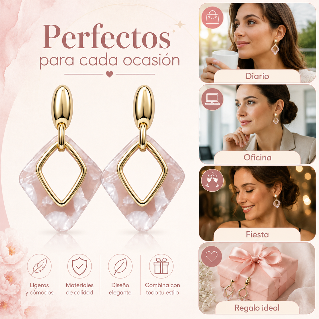 Pendientes de Mujer Geométricos Dorados 18K | Diseño Largo con Rombo Marmoleado Rosa, Aguja Plata S925 Hipoalergénica, Latón Chapado en Oro