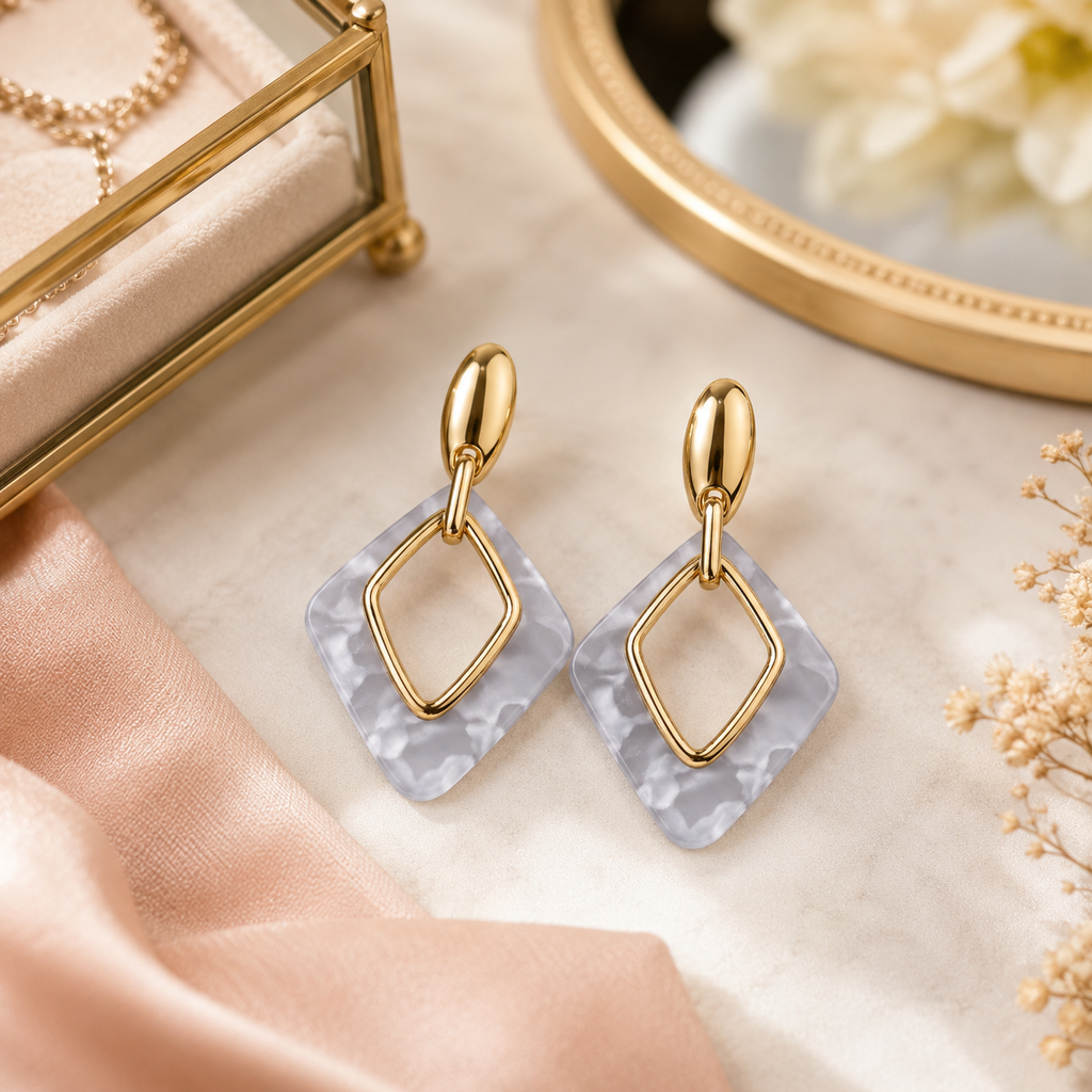 Pendientes de Mujer Geométricos Dorados 18K | Diseño Largo con Rombo Marmoleado Azul, Aguja Plata S925 Hipoalergénica, Latón Chapado en Oro